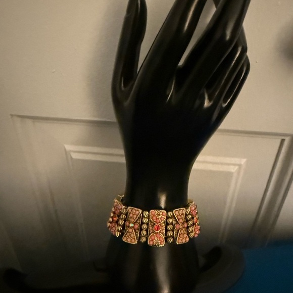 Jewelry - Stretch Gold Tone Wide Bangle Bracelet with Pink, Coral Beads & Red Rhinestones.